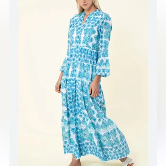 HALE BOB Long cotton pin tuck  Blue and Green Patterned Maxi Dress Size SMALL - Picture 1 of 10